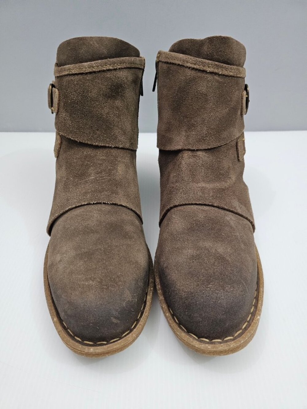 Born Moraga Moto Ankle Boot Size 9.5 Taupe Brown Distressed Suede Western Buckle - Picture 5 of 15